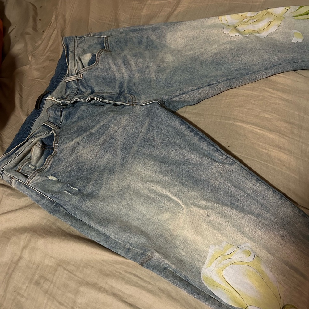 Blue and White Straight Jeans with Distressed Fading
